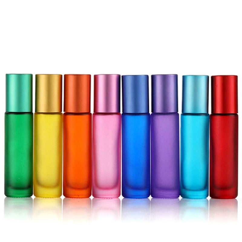USRommaner 10ml 8 Colour Frosted Glass Roll On Bottles,Empty Portable Essential Oil Glass Roller Bottle With Stainless Steel Roller Balls Perfume Roll-On Bottle with Lids-8 Pack - Image 1